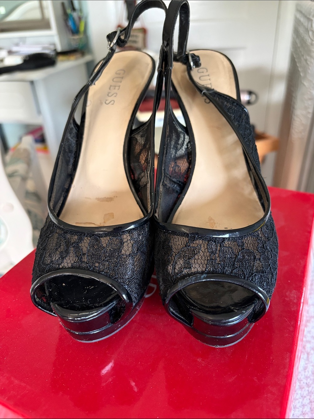 GUESS Black Lace Peep-Toe Slingback Heels with Patent Trim